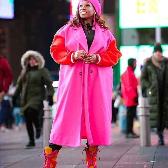 Bold Pink and Orange Trench Coat with Oversized Fit - Picture 12 of 15